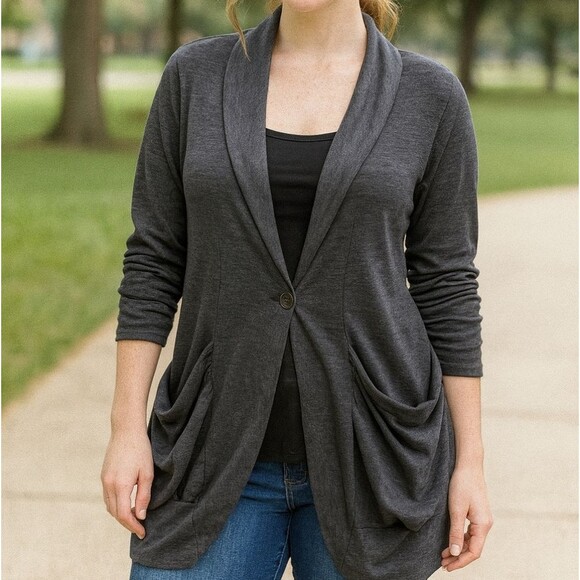 Cardigan M Ruched 3/4 Sleeve Vneck Front Gray Rayon Pockets 1 Button Casual - Picture 1 of 7